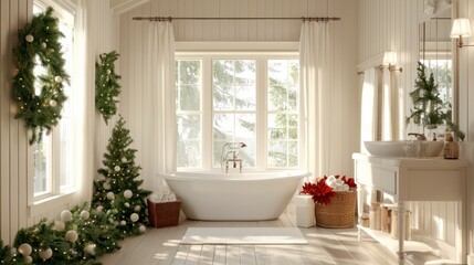 Wall Mural - A bathroom with a white bathtub and a wreath on the wall. The wreath is decorated with Christmas ornaments