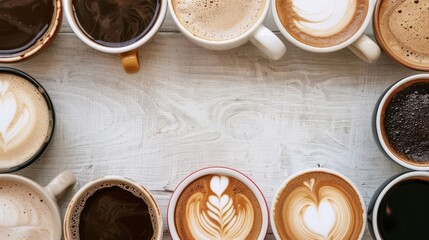 Wall Mural - Coffee desktop wallpaper, flat lay cappuccino photo background