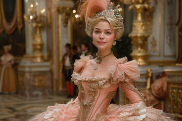 Ballet, portrait of regal woman in elaborate, vintage ball gown set in grand, ornately decorated room. intricate details of her dress and surroundings evoke sense of opulence and historical elegance