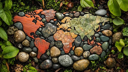 World Map Made of Stones in Green Nature: A world map composed of stones set against a lush green natural backdrop, blending art and nature.