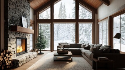 Wall Mural - A cozy living room with a fireplace, a large window, and a couch. The room has a warm and inviting atmosphere, perfect for relaxing and spending time with family and friends