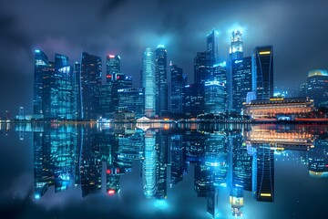 Wall Mural - Stunning Nightscape of a Modern City Skyline Reflected in Water