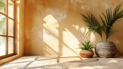 A bright and airy room with a large window,  natural light and two potted plants.