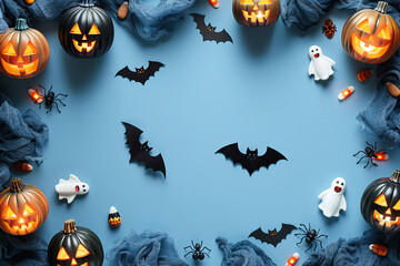 Wall Mural - Spooky Halloween decorations on a blue backdrop