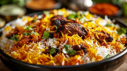 Wall Mural - Close-up view of a traditional Indian biryani with layers of fragrant rice, meat, and spices, showcasing the dish's vibrant colors and garnishes.