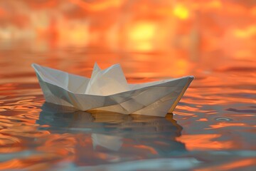 Wall Mural - Serene Paper Boat Floating on Reflective Water at Sunset