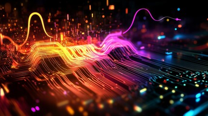 Fototapete - Colorful electric waves spreading across a circuit board, illustrating the power and complexity of electronic devices in modern technology.