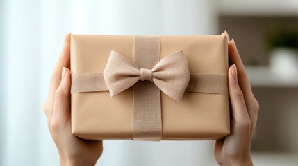 A person is holding a brown box with a bow on it. The box is wrapped in brown paper and has a ribbon tied around it