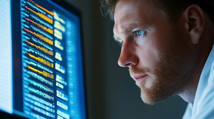 Wall Mural - a genomics technician analyzing dna sequences on a computer screen, focused expression, light solid 