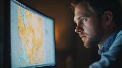 Wall Mural - a geodesist analyzing satellite data on a computer screen, focused expression, light solid color bac
