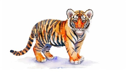 Wall Mural - Playful Tiger Cub Illustration, vibrant watercolor art featuring a cheerful tiger cub with bright orange and black stripes, ideal for nursery decor with ample text space.