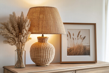 Wall Mural - A rustic woven rattan lamp, placed on an antique wooden dresser with pampas grass in vases beside it and framed artwork, exudes a warm ambiance. The lamp's texture adds character to the room's decor.