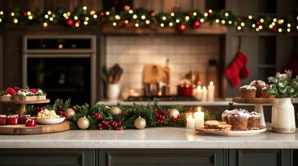 Wall Mural - A kitchen counter is decorated with a Christmas tree and a variety of food items, including cookies, cakes, and fruit. The scene conveys a warm and festive atmosphere