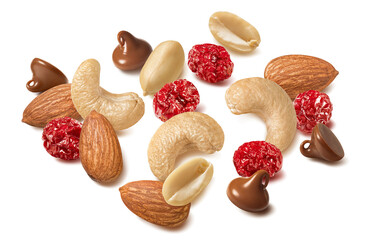 Sticker - Almond nut, cashew, peanut, cranberry and milk chocolate drops isolated on white background