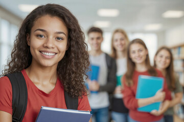 Portrait of student girl in the red shirt holding book and looking at the camera. A group of young people students are smiling and holding books