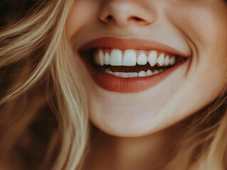 closeup portrait of a smiling woman with blonde hair and bright white teeth 175 characters