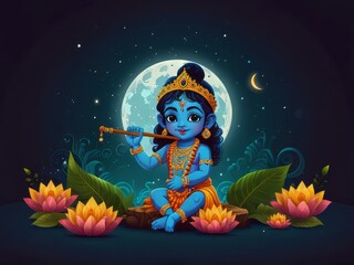 Wall Mural - Illustration of Happy Janmashtami festival of India, Lord Krishna playing flute. Happy Janmashtam background, web banner, poster etc