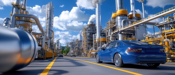 A blue car driving through an industrial area with tall structures and bright skies, showcasing modern engineering and technology.