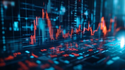 Fototapete - Detailed shot of a financial graph with fluctuating stock prices, highlighting various data points and trend lines in a professional setting.