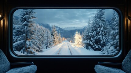 Wall Mural - A train window shows a snowy landscape with trees and a train track. The scene is peaceful and serene, with the snow-covered trees and the train moving through the landscape