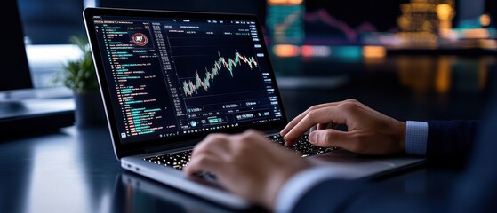 A close-up of hands working on a laptop displaying financial graphs and data, representing trading and investment analysis.