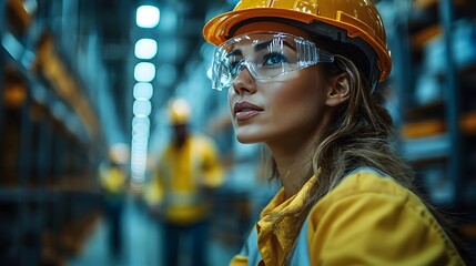 Wall Mural - Professionals in hard hats and safety gear, engineers and architects discussing designs on an expansive warehousing site, captured in high detail.