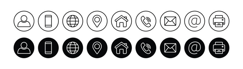 contact us icon set. business card, containing user, phone, website, location, address, telephone, m