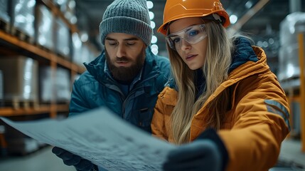 Wall Mural - Engineers and architects working together on a warehousing site, reviewing structural plans and site layout, captured in a detailed high-resolution image.