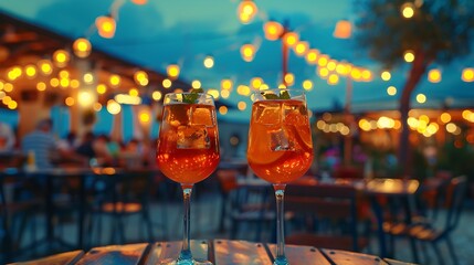 two aperol spritz on a summer evening in a mediterranean restaurant : generative ai