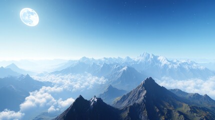 Canvas Print - Mountain Peaks Emerging Through Clouds Under a Starry Sky