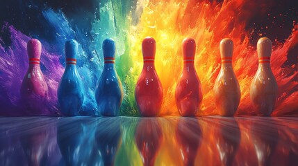 Wall Mural - Colorful explosion of bowling pins, creating a rainbow burst on a dark background.