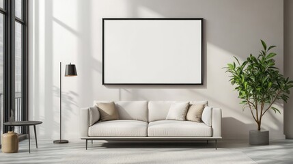 Poster - Minimalist Living Room Interior with White Sofa, Large Framed Canvas and Potted Plant