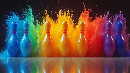 Wall Mural - Rainbow-colored bowling pins in an explosive burst, adding excitement and energy to the scene.