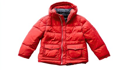 Wall Mural - Red puffer jacket with a hood and zipper closure.