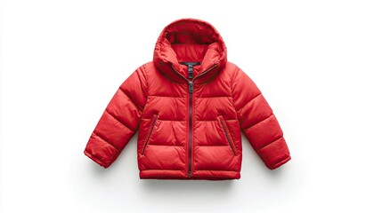 Wall Mural - Red puffer jacket with a hood isolated on a white background.