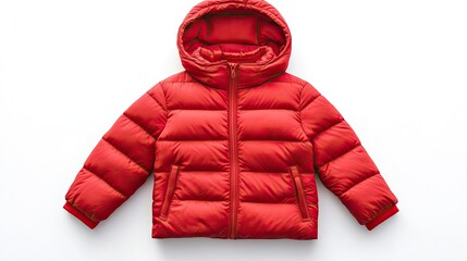 Wall Mural - Red puffer jacket with hood, zipper closure, and two pockets.