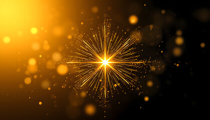 Abstract glamour background for greetings and celebration. Star burst at the center with golden shiny particles. Winner screen template isolated with white highlights, png