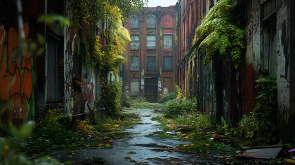 6. **A once-bustling urban street now covered in moss and vines