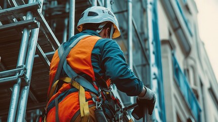 A construction worker wearing a safety harness and helmet, working on scaffolding at a high elevation