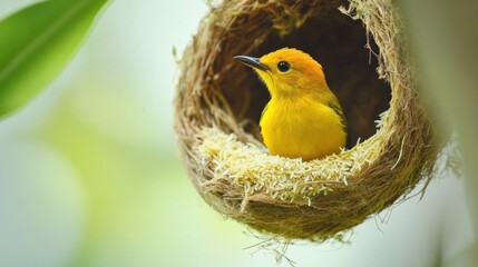 A Tiny Yellow Bird Resting In It's Nest