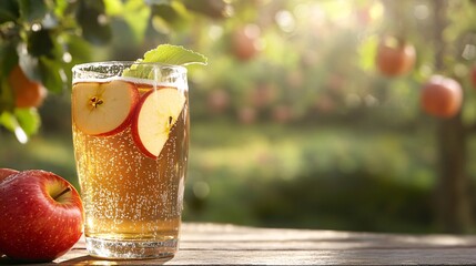 A chilled glass of apple cider is placed on a wooden table, with a few apple slices floating inside. The cider is a deep amber color, with a few bubbles rising to the surface. The glass is frosty,