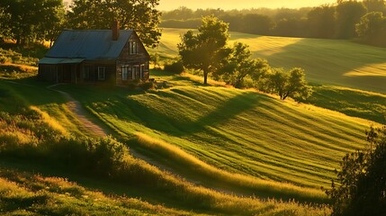 Poster - A rustic wooden cabin nestled in a rolling green hillside at sunset