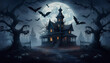 © Roch - Halloween spooky night with a haunted house and bats, halloween background