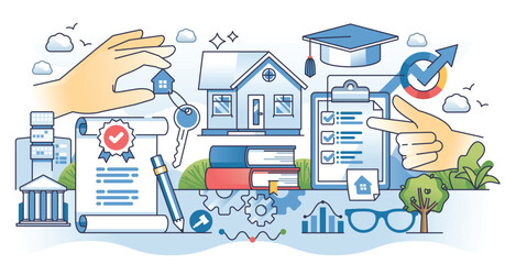 Real estate classes for housing market bachelor degree outline hands concept. Understanding property value and market tendencies after learning for official agent certificate vector illustration.