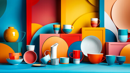 A vibrant display of ceramic tableware against colorful geometric backgrounds in an art studio