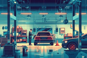 Aufkleber - A mechanic inspects an electric vehicle's battery in a well-equipped workshop filled with tools and other vehicles during the evening. Generative AI