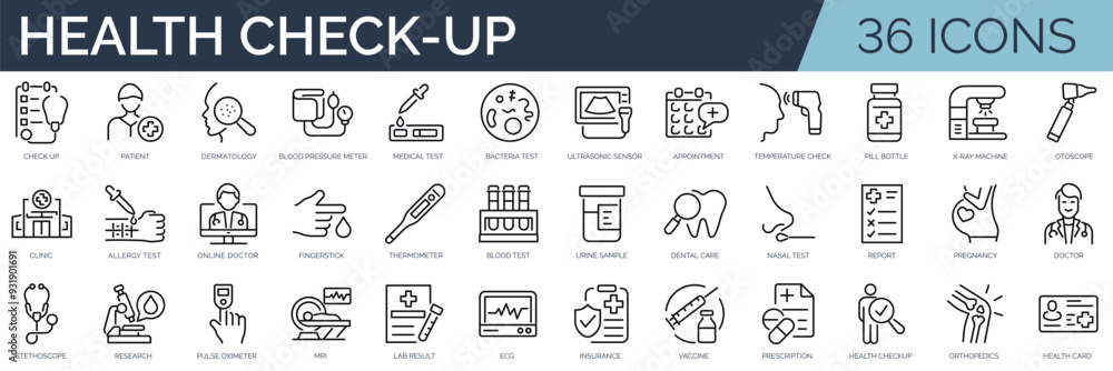 Set of 36 outline icons related to health checkup. Linear icon ...
