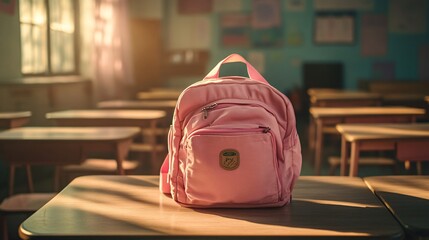 Wall Mural - Pink backpack on a classroom table, glowing under the soft morning sunlight. Concept: Classroom Essentials.