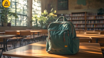 Green backpack on a classroom table with morning sunlight streaming in, perfect for school.