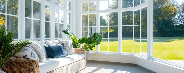 Clear glass windows in a sunroom, clear glass windows, bathing the space in natural light